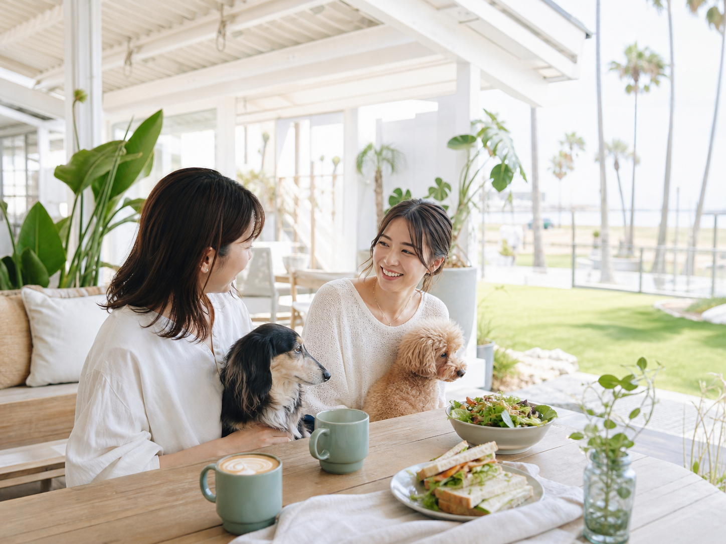 愛犬と一緒に食事を楽しめる明るいカフェテラス